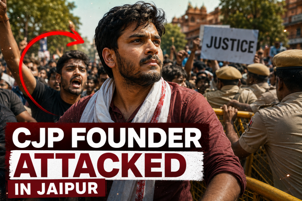 Cockroach Janta Party founder Abhijeet Dipke amidst a massive crowd during the Jaipur protest over the NEET exam leak.