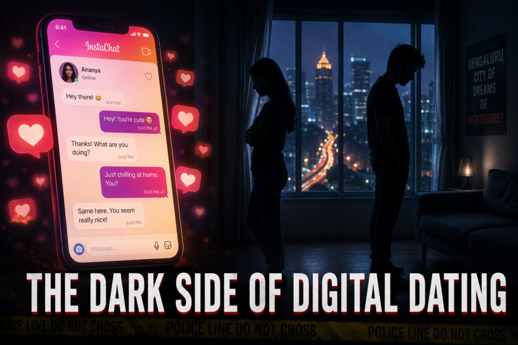 Silhouette of a tense couple and a glowing smartphone representing the tragic Bengaluru Instagram live-in relationship case.