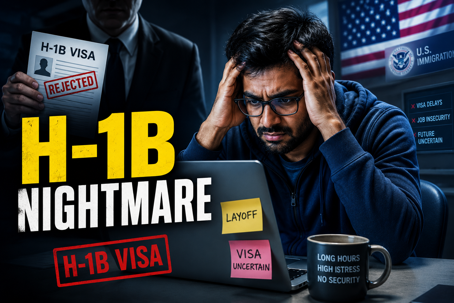 A stressed Indian IT worker dealing with an H-1B visa crisis.