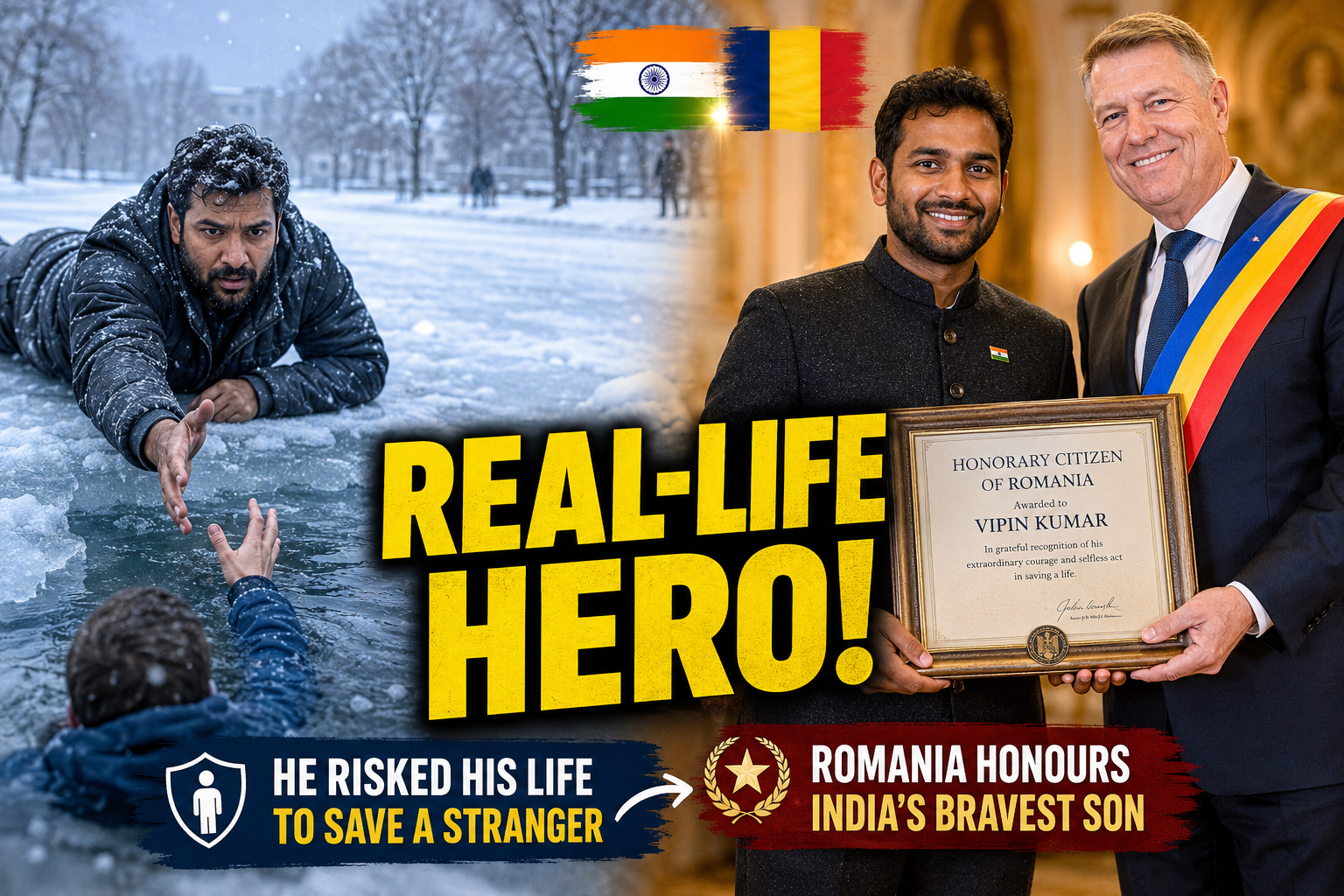 Vipin Kumar, an Indian construction worker, receiving honorary citizenship in Romania for his heroic frozen lake rescue.