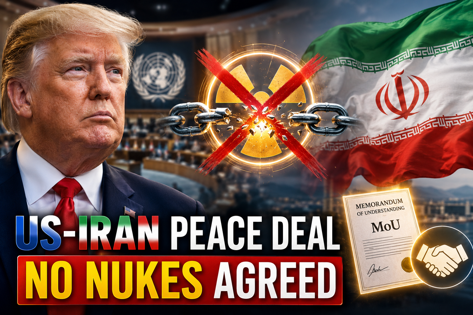 Illustration of Donald Trump and the Iranian flag representing the US-Iran peace deal and the agreement to stop nuclear weapons.